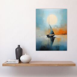 Artery8 Seascape Modern Abstract Sailboat Boat Artwork Calm Elegant Blue On Orange Large Wall Unframed Art Poster Print Thick Paper 18X24 Inch - thumbnail 4