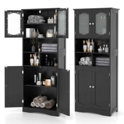 KORVIXA 148cm Freestanding Storage Cabinet with 3 Open Compartments in Black - Size: W600mm x H750mm - thumbnail 1