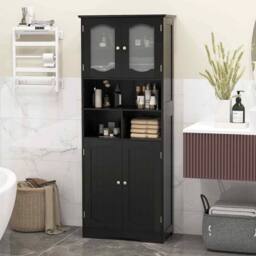 KORVIXA 148cm Freestanding Storage Cabinet with 3 Open Compartments in Black - Size: W600mm x H750mm - thumbnail 4