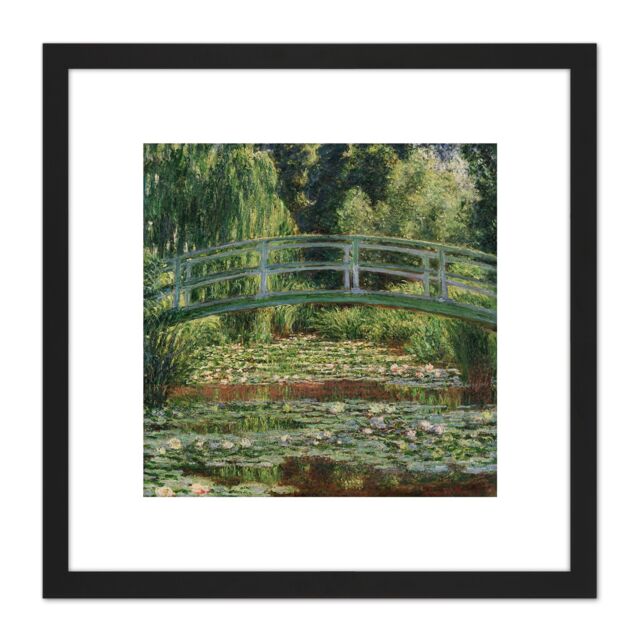 Artery8 Monet Japan Footbridge Water Lily Painting 8X8 Inch Square Wooden Framed Wall Art Print Picture with Mount in Black - image 1