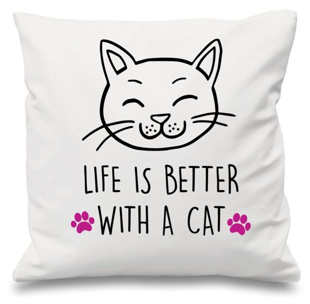 "60 SECOND MAKEOVER White Cushion Cover Life Is Better With A Cat 16"" x 16"" Mum Friend Gift Decorative - Size: 40 cm x 40 cm"