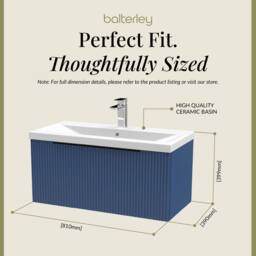 Balterley Fluted Front Wall Hung 1 Drawer Vanity Basin Unit, Satin Blue, 800mm in Blue - thumbnail 5