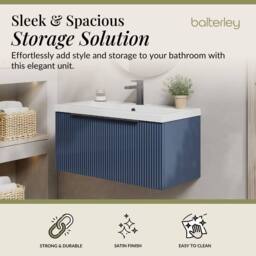 Balterley Fluted Front Wall Hung 1 Drawer Vanity Basin Unit, Satin Blue, 800mm in Blue - thumbnail 2