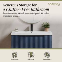 Balterley Fluted Front Wall Hung 1 Drawer Vanity Basin Unit, Satin Blue, 800mm in Blue - thumbnail 3