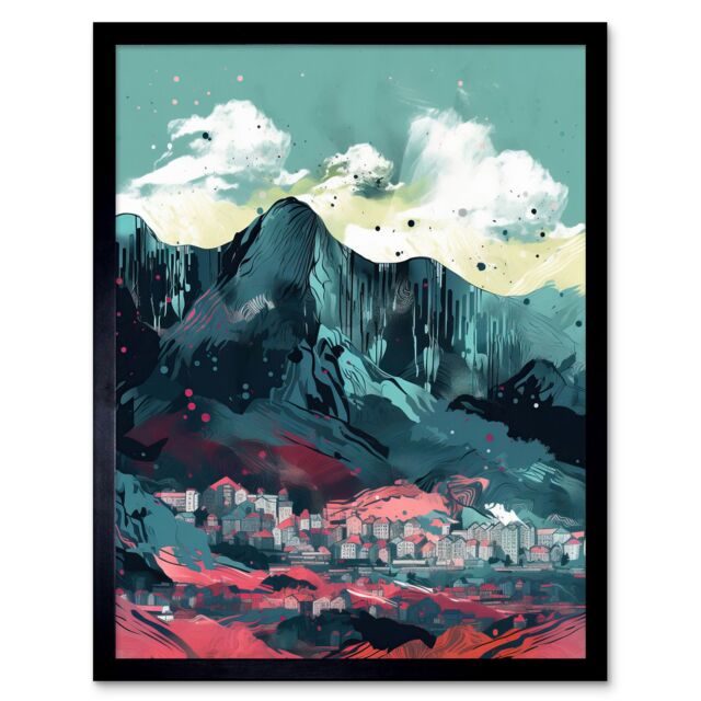 "Artery8 Wall Art Print Town Below Tall Mountain Cliffs Coral & Teal Art Framed in Black - Size: W12"" x H16""" - image 1