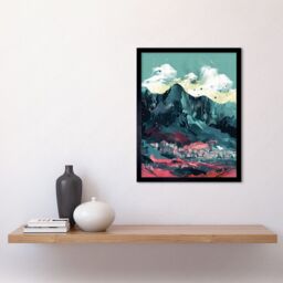 "Artery8 Wall Art Print Town Below Tall Mountain Cliffs Coral & Teal Art Framed in Black - Size: W12"" x H16""" - thumbnail 2
