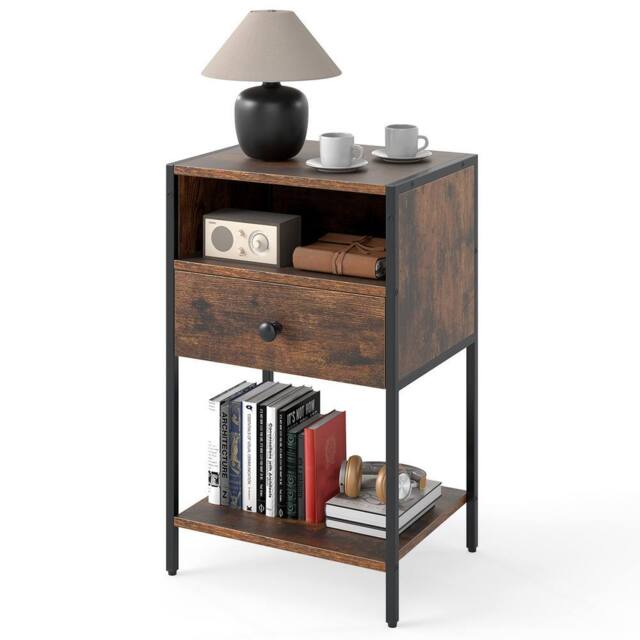 Gymax Industrial Nightstand End Table With Open Compartment Drawer & Shelf in Brown - image 1