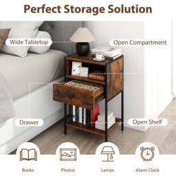 Gymax Industrial Nightstand End Table With Open Compartment Drawer & Shelf in Brown - thumbnail 9
