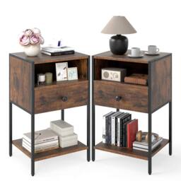 Gymax Industrial Nightstand End Table With Open Compartment Drawer & Shelf in Brown - thumbnail 3