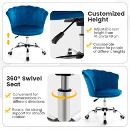 Gymax Adjustable Vanity Chair Upholstered Velvet Arm Chair With Wheels in Blue - thumbnail 6