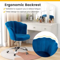 Gymax Adjustable Vanity Chair Upholstered Velvet Arm Chair With Wheels in Blue - thumbnail 5