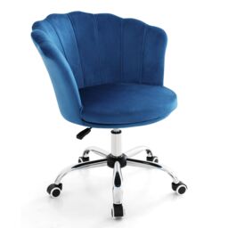 Gymax Adjustable Vanity Chair Upholstered Velvet Arm Chair With Wheels in Blue