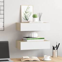 Berkfield Home Wall Drawer Shelves 2 pcs Oak & White 40x23.5x10cm MDF in Brown - Size: 40x23.5x10 cm - thumbnail 3