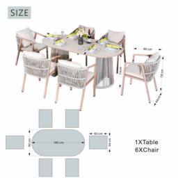 Direct Wicker Garden Iron Woven Oval Dining Table Set with Six Chairs for Patio in Beige - Size: 6 Person - thumbnail 6