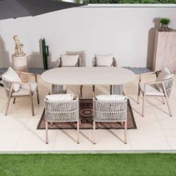 Direct Wicker Garden Iron Woven Oval Dining Table Set with Six Chairs for Patio in Beige - Size: 6 Person - thumbnail 7