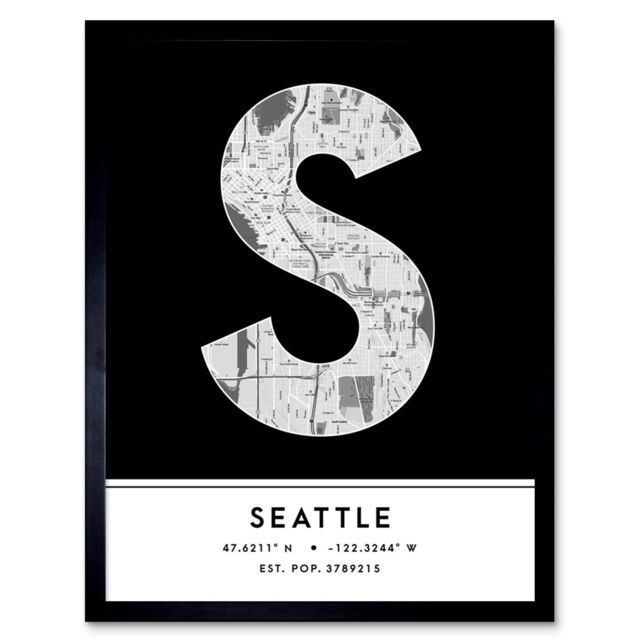 "Wee Blue Coo Wall Art Print Seattle Washington United States City Map Modern Typography Stylish Letter Framed Word in Black - Size: W12"" x H16""" - image 1