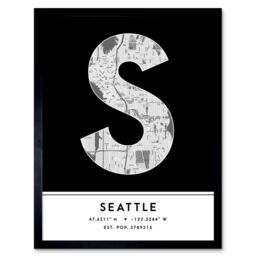 "Wee Blue Coo Wall Art Print Seattle Washington United States City Map Modern Typography Stylish Letter Framed Word in Black - Size: W12"" x H16""" - thumbnail 1