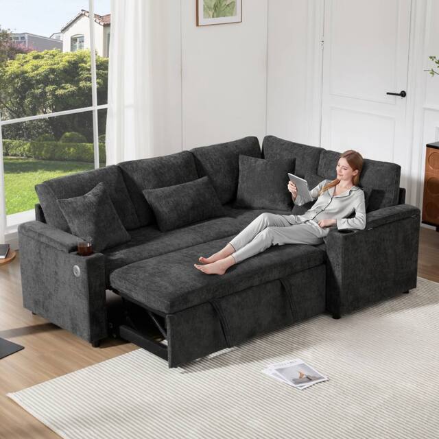 BTM L Shaped Pull Out Sofa Bed Storage USB Cup Holders Sleeper Sofa in Grey - image 1