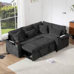 BTM L Shaped Pull Out Sofa Bed Storage USB Cup Holders Sleeper Sofa in Grey - thumbnail 3