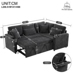 BTM L Shaped Pull Out Sofa Bed Storage USB Cup Holders Sleeper Sofa in Grey - thumbnail 9