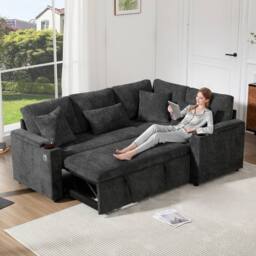 BTM L Shaped Pull Out Sofa Bed Storage USB Cup Holders Sleeper Sofa in Grey - thumbnail 1