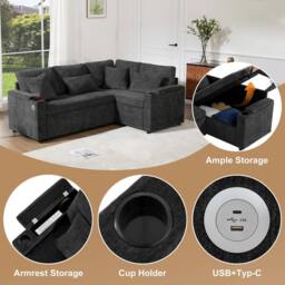 BTM L Shaped Pull Out Sofa Bed Storage USB Cup Holders Sleeper Sofa in Grey - thumbnail 7