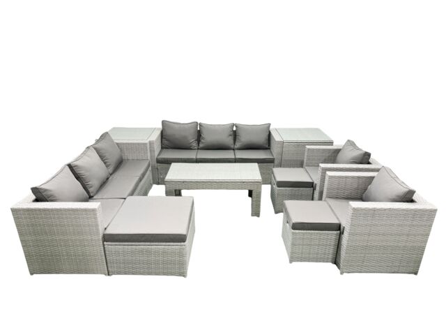 Fimous Outdoor Garden Furniture Rattan Sofa Set with 2 Armchairs Oblong Coffee Table 3 Footstools 2 Side Tables Light Grey Mixed - image 1