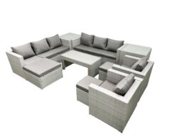 Fimous Outdoor Garden Furniture Rattan Sofa Set with 2 Armchairs Oblong Coffee Table 3 Footstools 2 Side Tables Light Grey Mixed - thumbnail 2