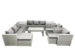 Fimous Outdoor Garden Furniture Rattan Sofa Set with 2 Armchairs Oblong Coffee Table 3 Footstools 2 Side Tables Light Grey Mixed - thumbnail 1