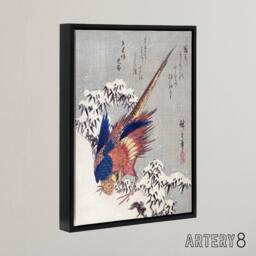 "Artery8 Japanese Pheasant In Snow Framed Canvas Wall Art Print Utagawa Hiroshige in Orange - Size: W12"" x H16""" - thumbnail 2