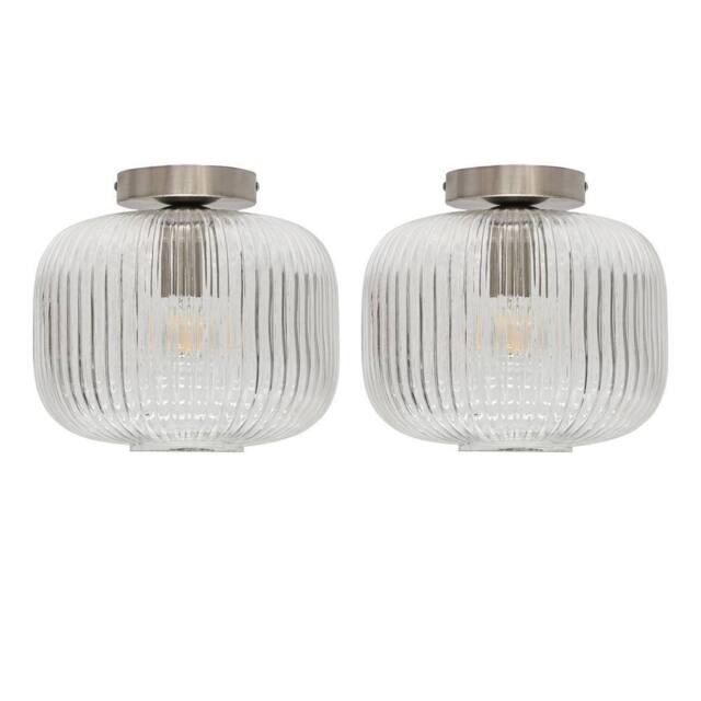 First Choice Lighting Set of 2 Batley Large - Clear Ribbed Glass Satin Nickel Ceiling Lights