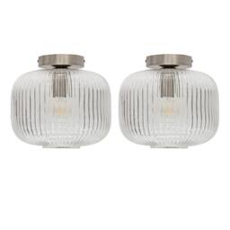 First Choice Lighting Set of 2 Batley Large - Clear Ribbed Glass Satin Nickel Ceiling Lights - thumbnail 1