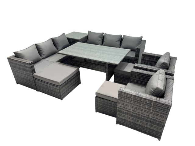 Fimous Garden Rattan Furniture Set 11 Seater with Side Table 3 Stool in Dark Grey - image 1