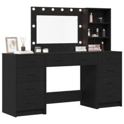 Berkfield Home 3 Piece Dressing Table Set with LED Black Engineered Wood - thumbnail 3