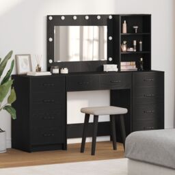Berkfield Home 3 Piece Dressing Table Set with LED Black Engineered Wood