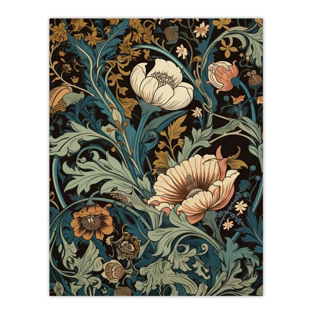 Artery8 Wall Art Print Flowers & Leaves Modern Art Nouveau Painting Detail Pastel Colour Teal Blue Orange Pink Autumn Blooms Poster - image 1