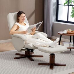 HOMCOM Swivel Recliner Chair with Footstool & Wooden Base in Beige - Size: Armchair - thumbnail 1