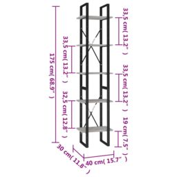 Berkfield Home 5-Tier Book Cabinet Concrete Grey 40x30x175 cm Engineered Wood - Size: 40 x 30 x 175 cm - thumbnail 6