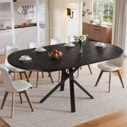 BTM Extendable Dining Table Round to Oval Metal Frame Kitchen Table in Black - thumbnail 2
