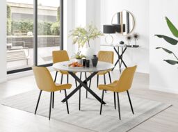 FurnitureboxUK Novara Grey Concrete Effect Black Leg 120cm Round Dining Table & 4 Pesaro Black Leg Chairs in Mustard - thumbnail 1