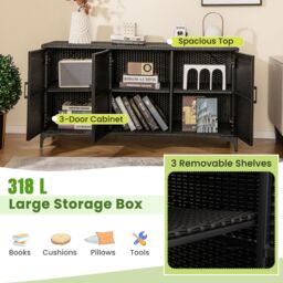 Costway 318 L Patio Wicker Storage Cabinet 3 Door Deck Box Indoor PE Rattan Storage Bin in Black - thumbnail 6