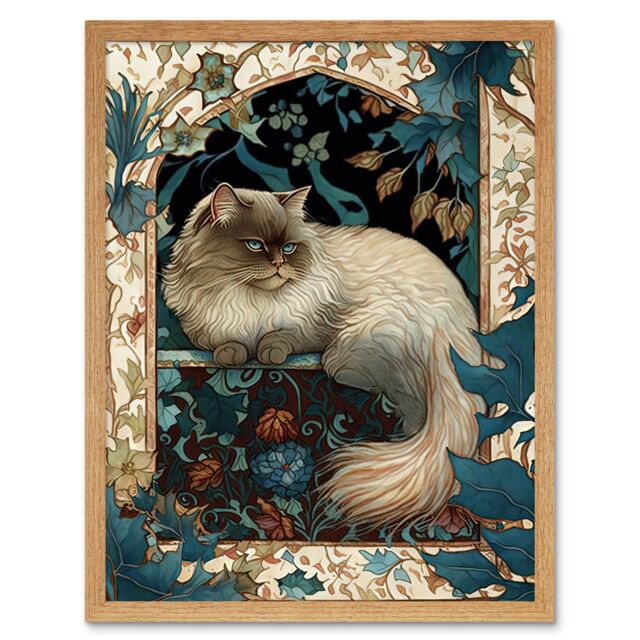 "Artery8 Wall Art Print Perched Himalayan Persian Cat Modern Art Nouveau Art Framed in Light Oak - Size: W12"" x H16""" - image 1