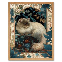 "Artery8 Wall Art Print Perched Himalayan Persian Cat Modern Art Nouveau Art Framed in Light Oak - Size: W12"" x H16""" - thumbnail 1