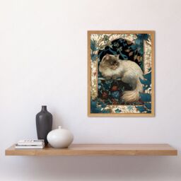 "Artery8 Wall Art Print Perched Himalayan Persian Cat Modern Art Nouveau Art Framed in Light Oak - Size: W12"" x H16""" - thumbnail 2