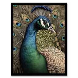 "Artery8 Curious Peacock Detailed Pen & Ink Study Turquoise Modern Art Print Framed Poster Wall Decor 12x16 inch in Black - Size: W12"" x H16""" - thumbnail 1