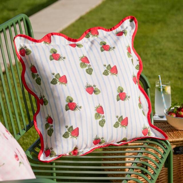 Furn Fruits Strawberries Striped Outdoor Cushion in Blue - Size: 45 cm x 45 cm - image 1