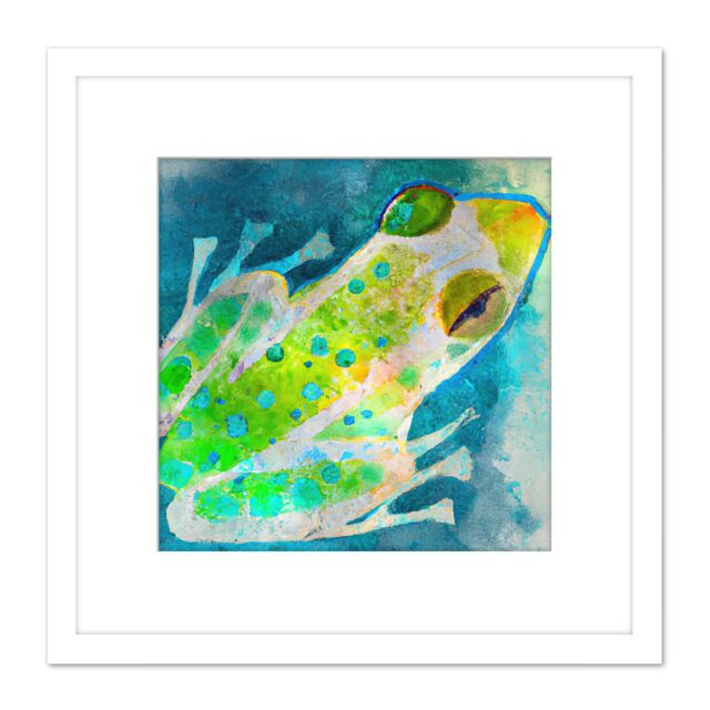 Artery8 Watercolour Frog Toad Pond Lake Blue Green Painting Square Wooden Framed Wall Art Print Picture 8X8 Inch in White - image 1