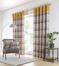 Portfolio Home Orleans Tartan Check Striped Fully Lined Eyelet Curtains 2 Panel Pair in Yellow - Size: 168 cm width x 183 cm drop
