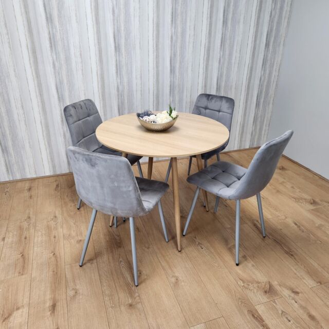 KOSY KOALA Round Oak Effect Kitchen Dining Table With 4 Grey Velvet Tufted Chairs Dining Set - image 1