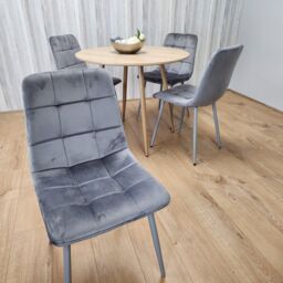 KOSY KOALA Round Oak Effect Kitchen Dining Table With 4 Grey Velvet Tufted Chairs Dining Set - thumbnail 2